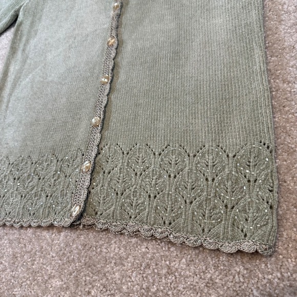 Jenny Vintage Sage Green Beaded Pointelle Cardigan Sweater Scalloped Trim Small - Picture 6 of 10